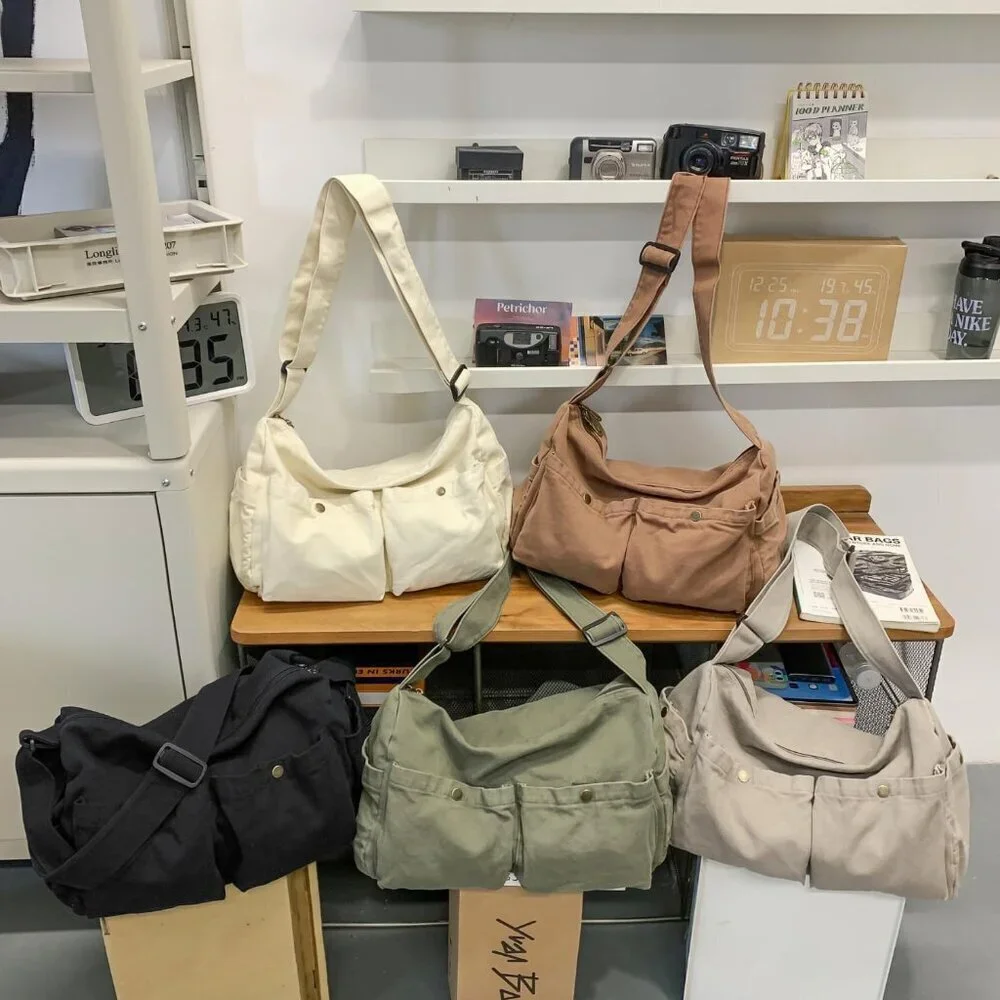 Large Canvas Hobo Bag Unisex Crossbody Tote Multi-Pocket Durable Stylish